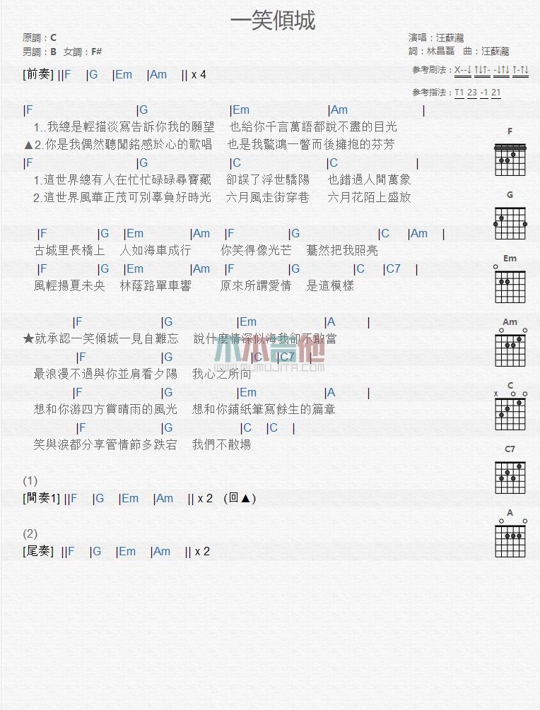 一笑倾城_吉他谱_汪苏泷1