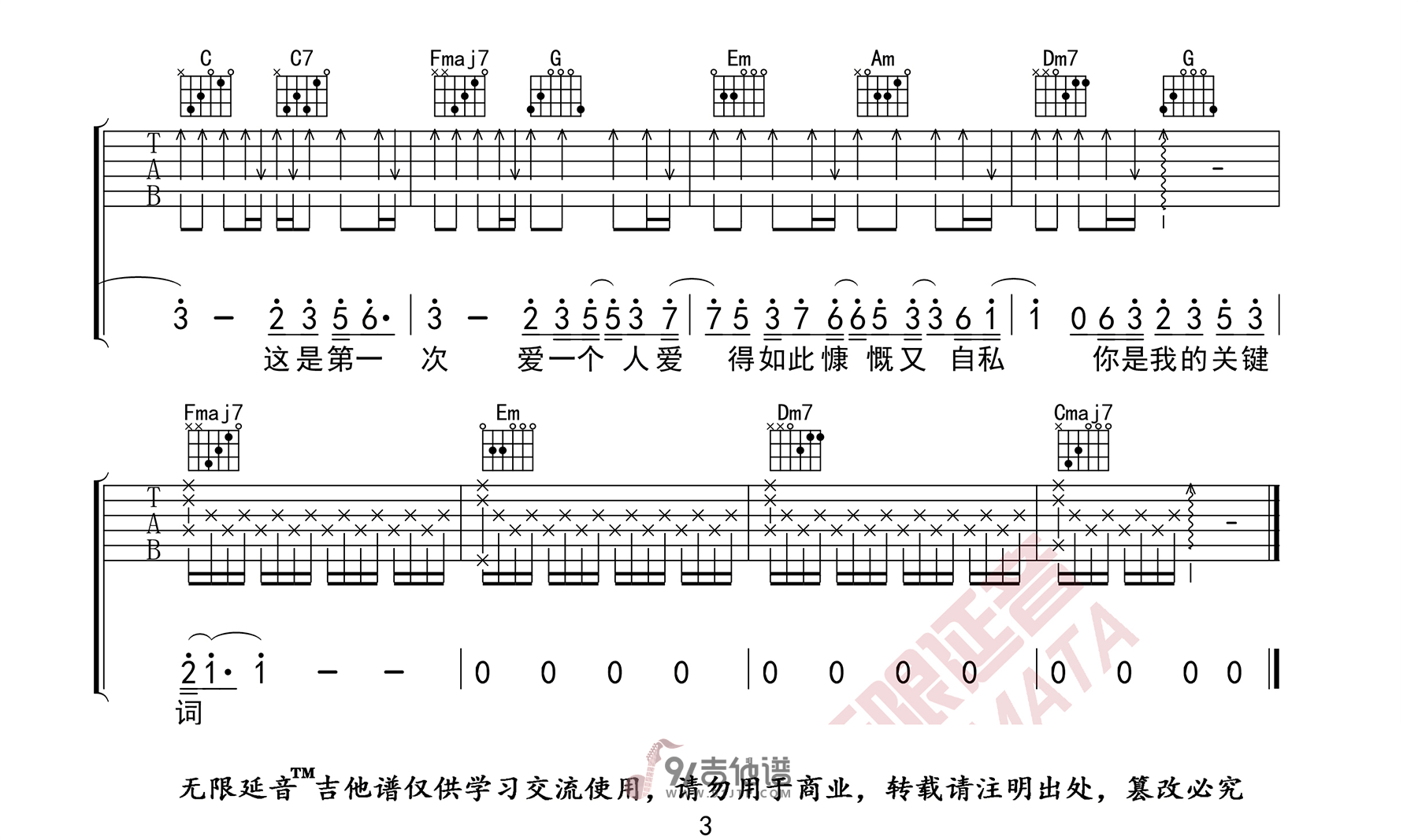 林俊杰《关键词》吉他谱 C调指法原版编配 民谣吉他弹唱六线谱3
