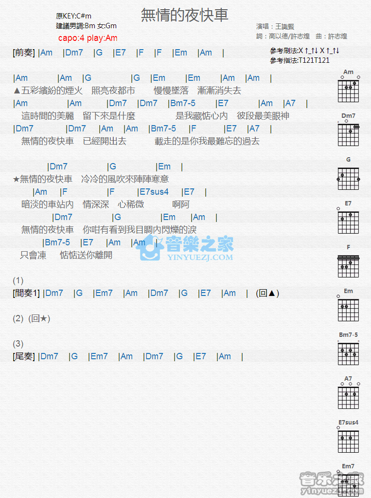 无情的夜快车吉他谱 Am调版 王识贤1