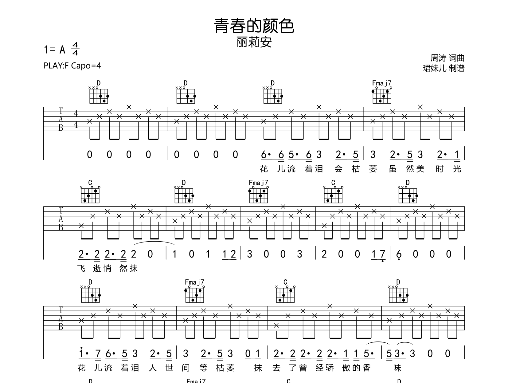 青春的颜色吉他谱_F调原版六线谱_丽莉安_图片谱1
