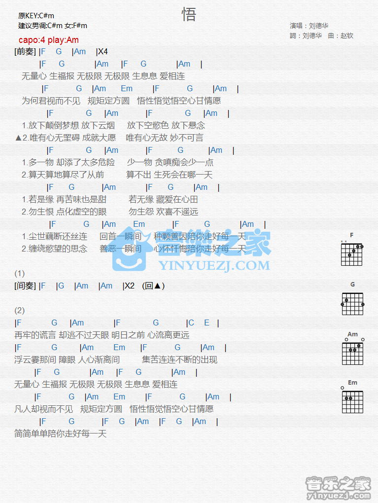 悟吉他谱 C调和弦谱_音乐之家编配_刘德华1