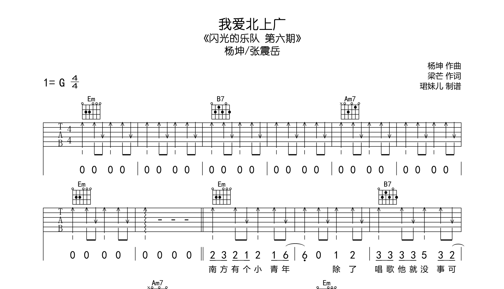 我爱北上广吉他谱_杨坤,张震岳_G调六线谱_闪光的乐队live版1