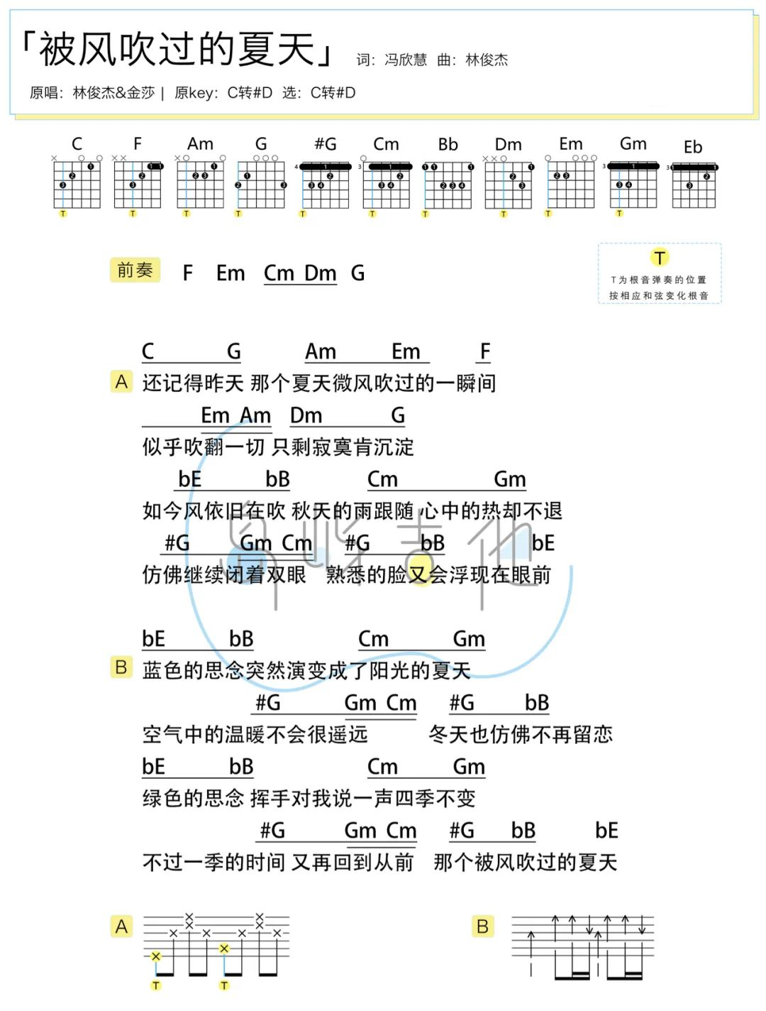 被风吹过的夏天吉他谱-林俊杰/金莎-C转#D简单版-附PDF图片谱1