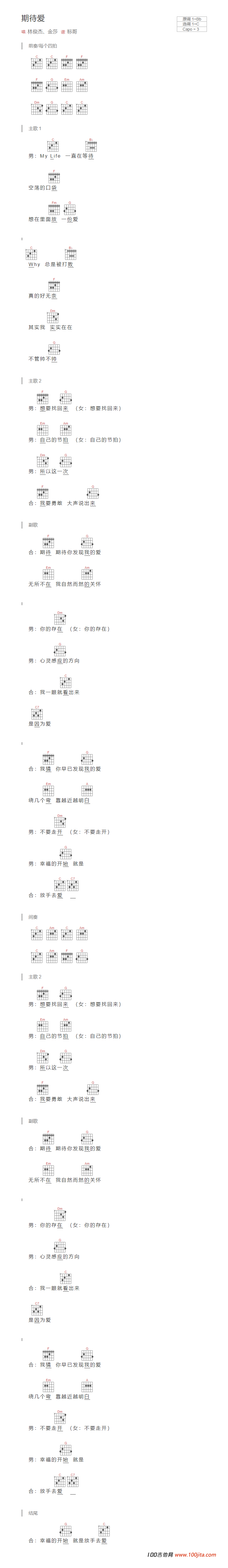 期待爱吉他谱_林俊杰/金沙_C调吉他弹唱谱1