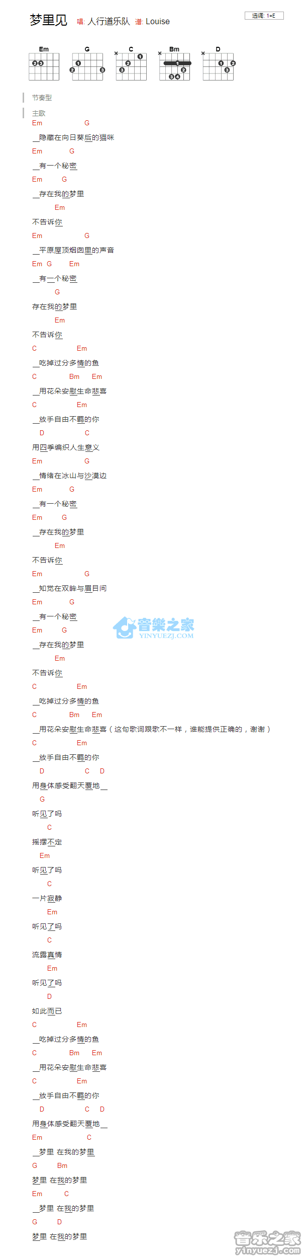 梦里见吉他谱 E调版 人行道乐队1