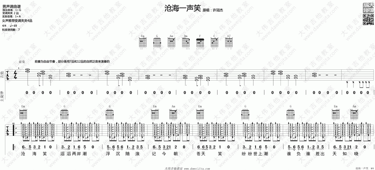 沧海一声笑_G调吉他谱_许冠杰1