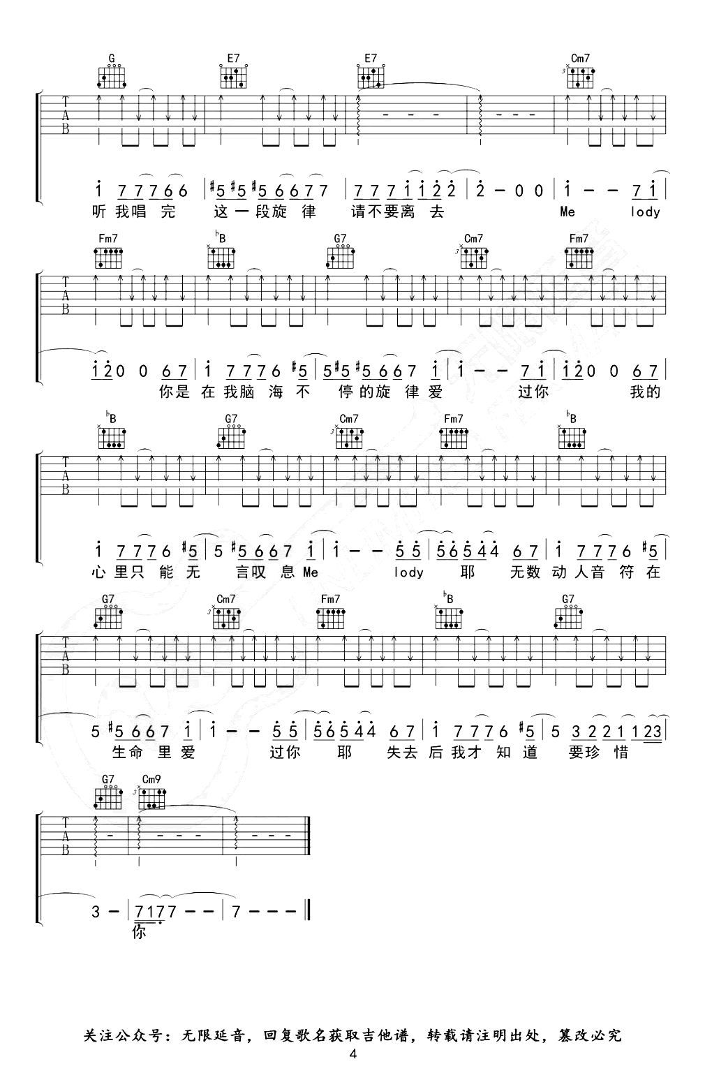 Melody吉他谱_C调指法_陶喆_弹唱六线谱4