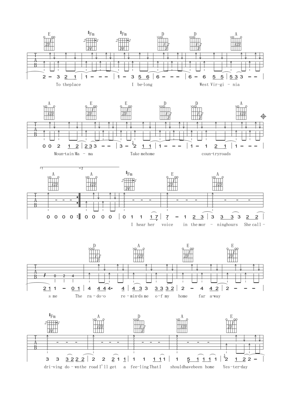 乡村路带我回家 John Denver A调吉他谱1