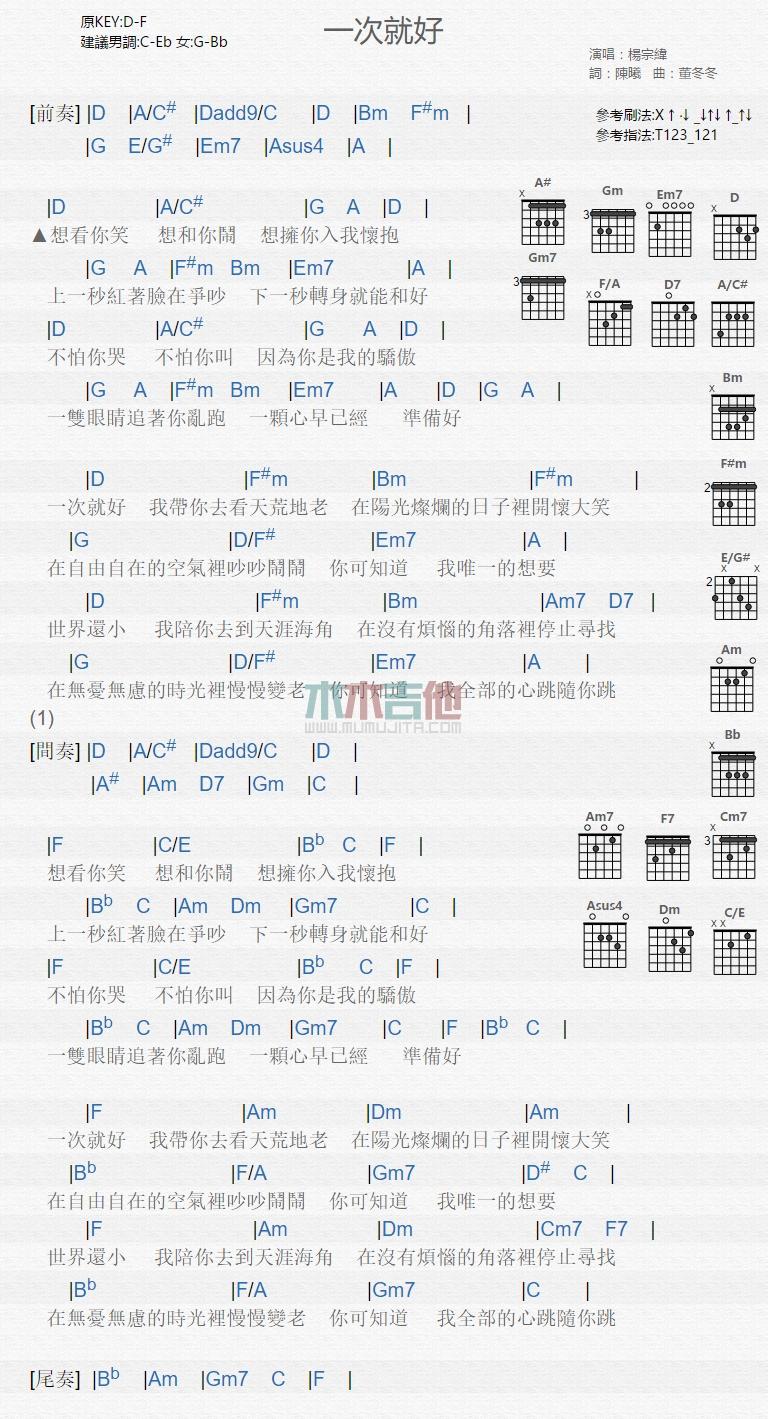 一次就好图片吉他谱降F调歌手杨宗纬1