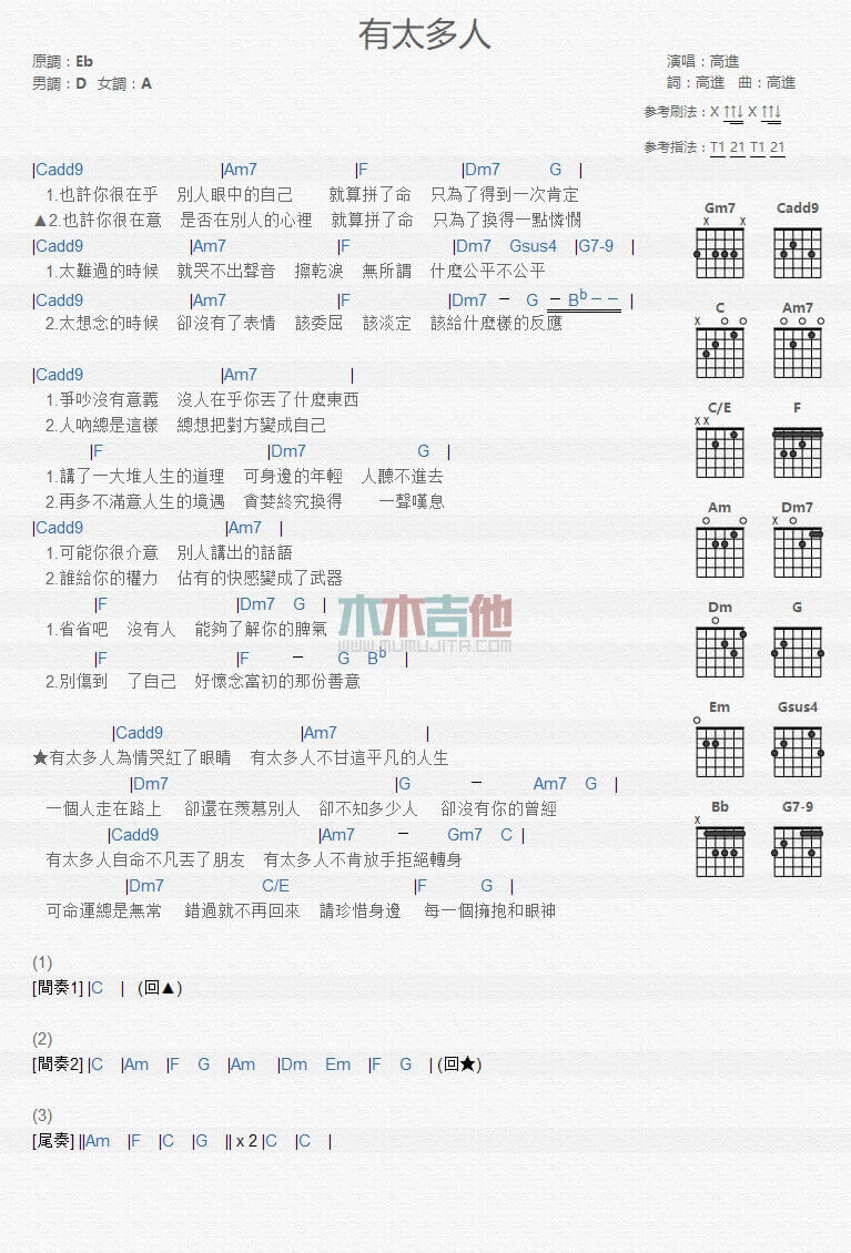 有太多人吉他谱 D调和弦谱-高进1
