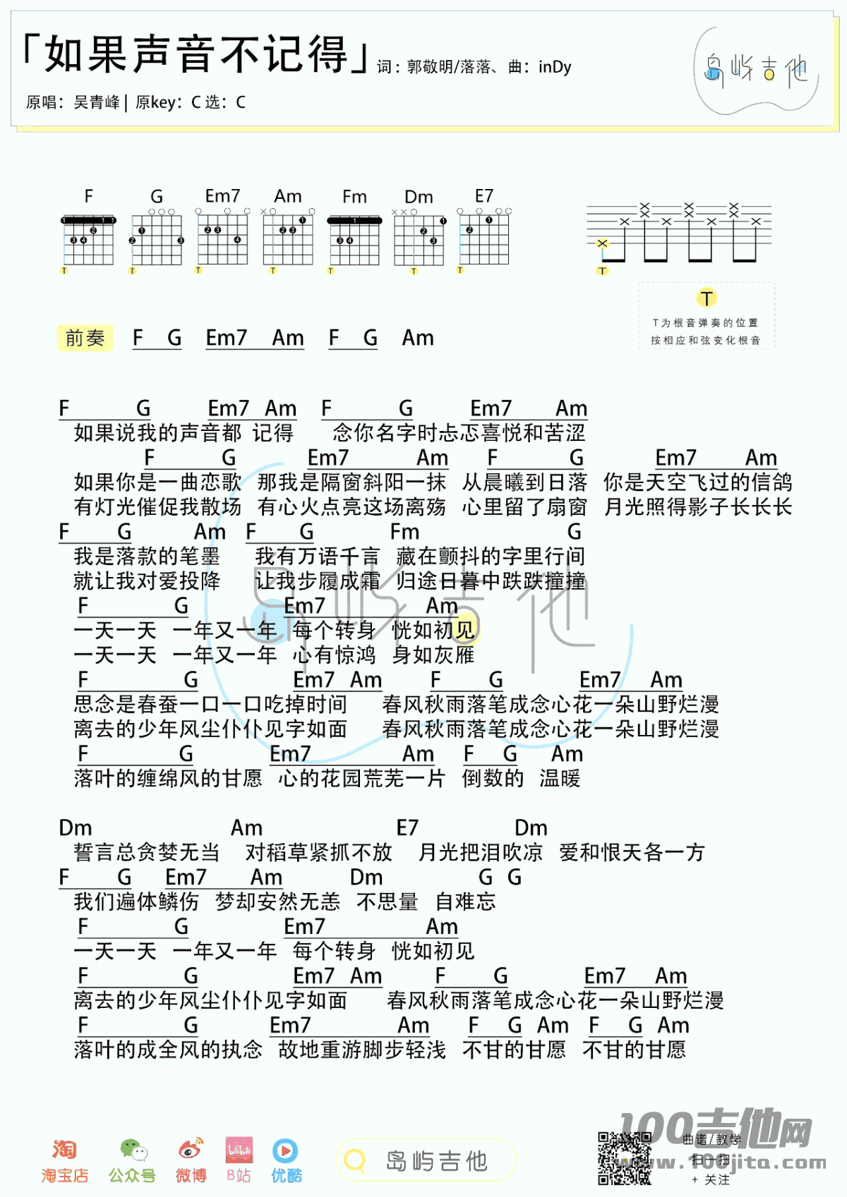 如果声音不记得吉他谱_吴青峰_C调吉他伴奏弹唱1