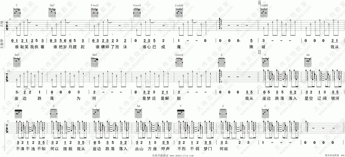 我从崖边跌落_C调吉他谱_谢春花2