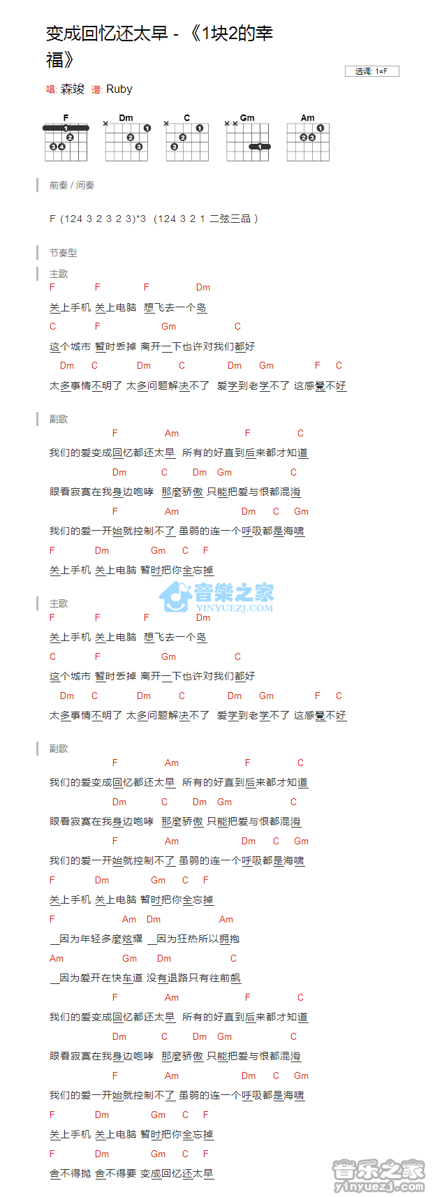 变成回忆还太早_吉他谱_F调版_森骏1