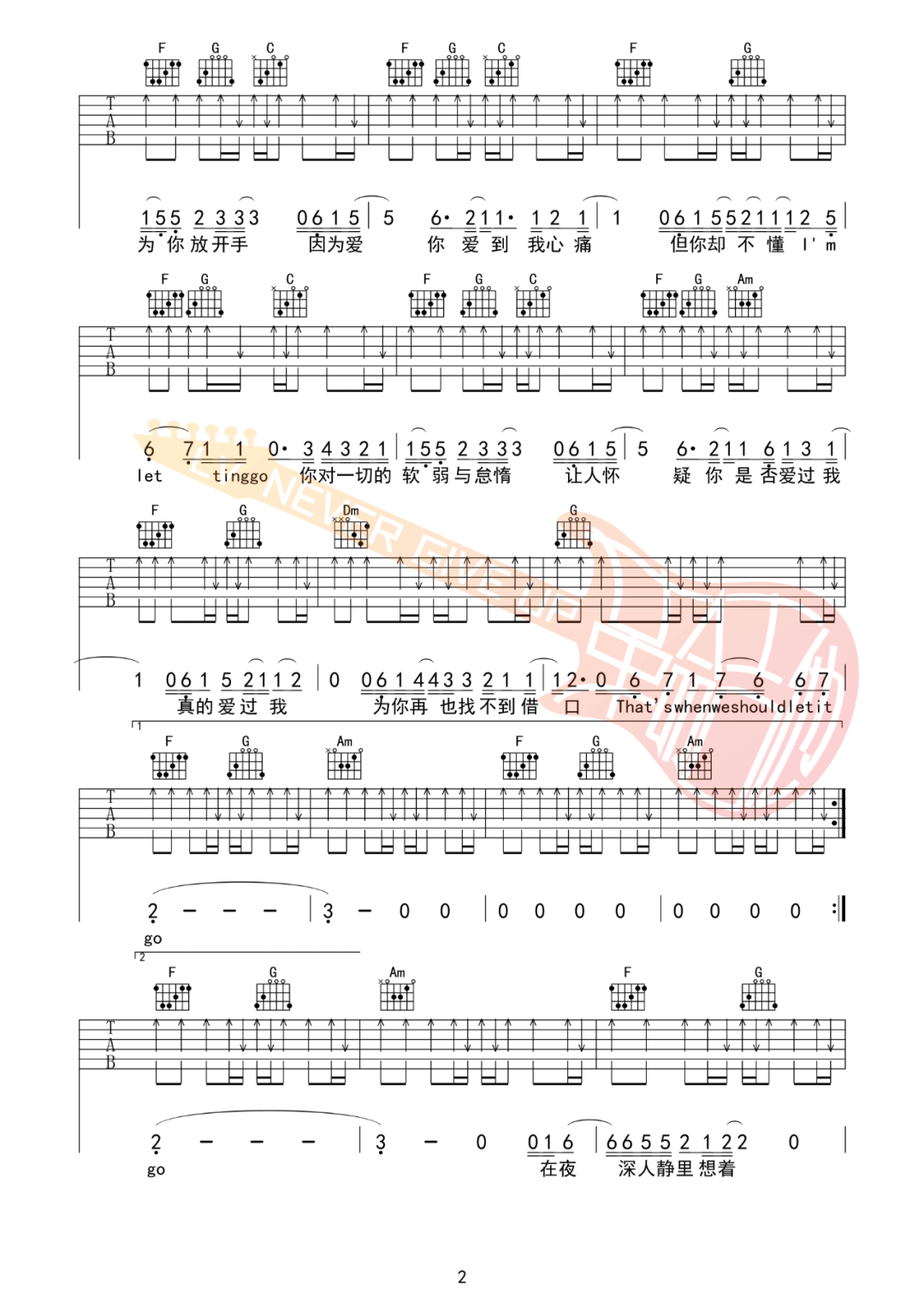 Letting Go吉他谱_蔡健雅_C调原版六线谱_吉他弹唱教学2