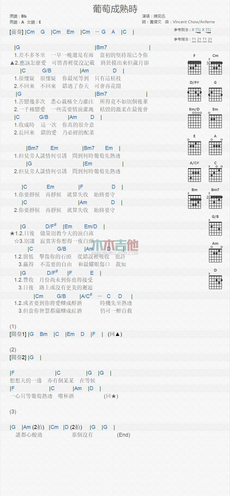 葡萄成熟时吉他谱 G调和弦谱-陈奕迅1
