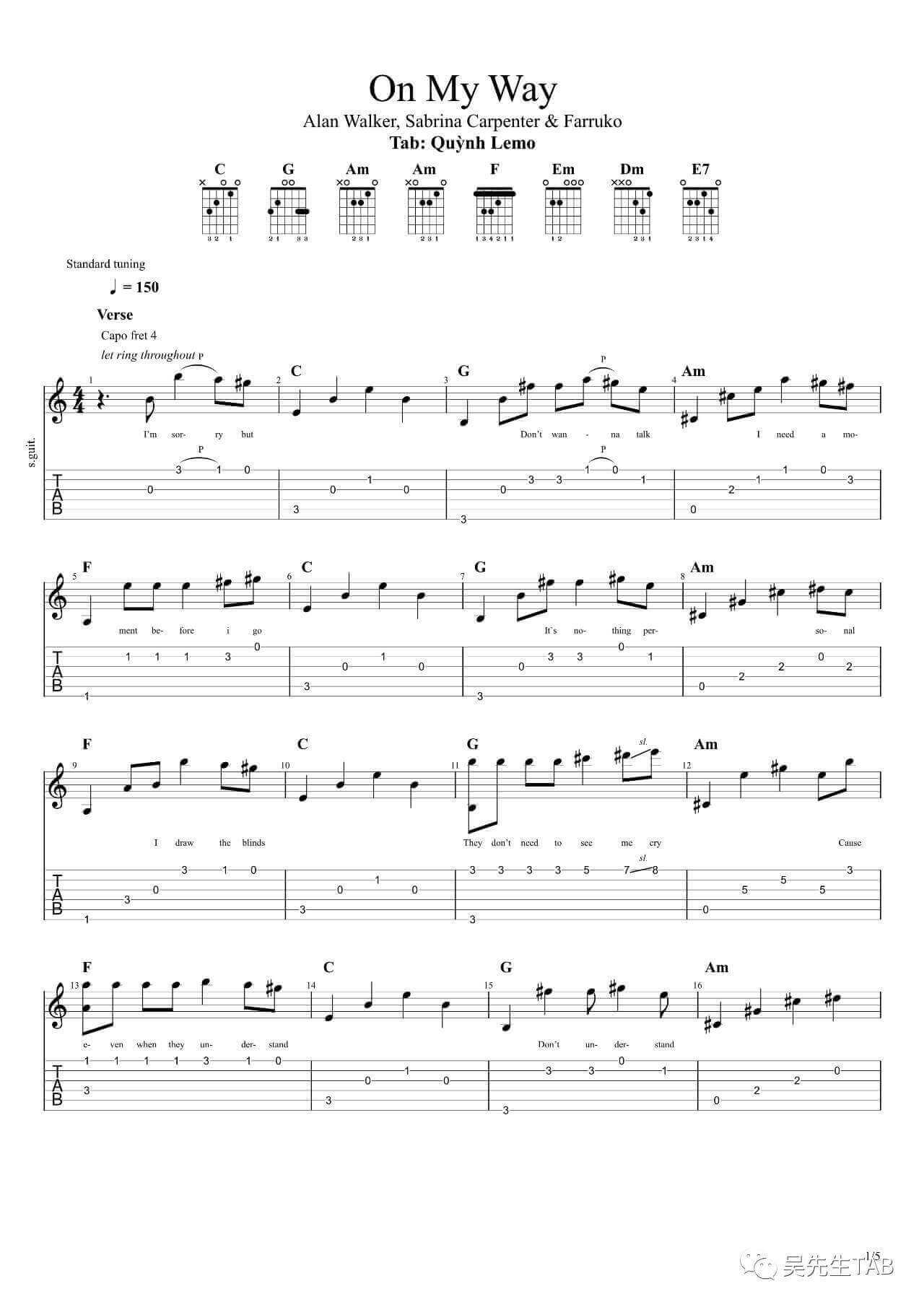 on the way吉他谱 C调高清版-Alan Walker1