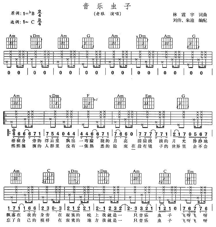 音乐虫子吉他谱 C调六线谱-简单版-老狼1