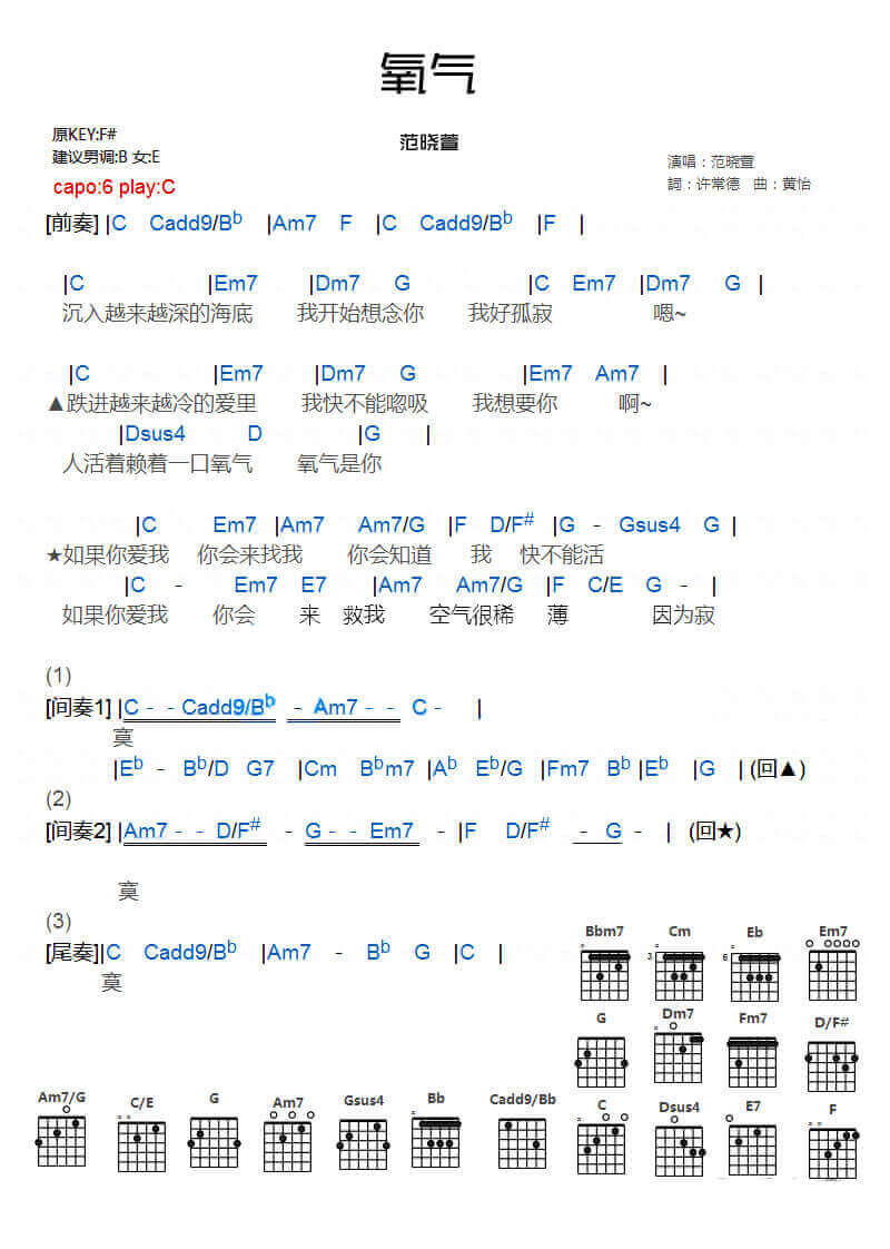 氧气吉他谱-范晓萱-《氧气》C调弹唱谱-高清图片谱1