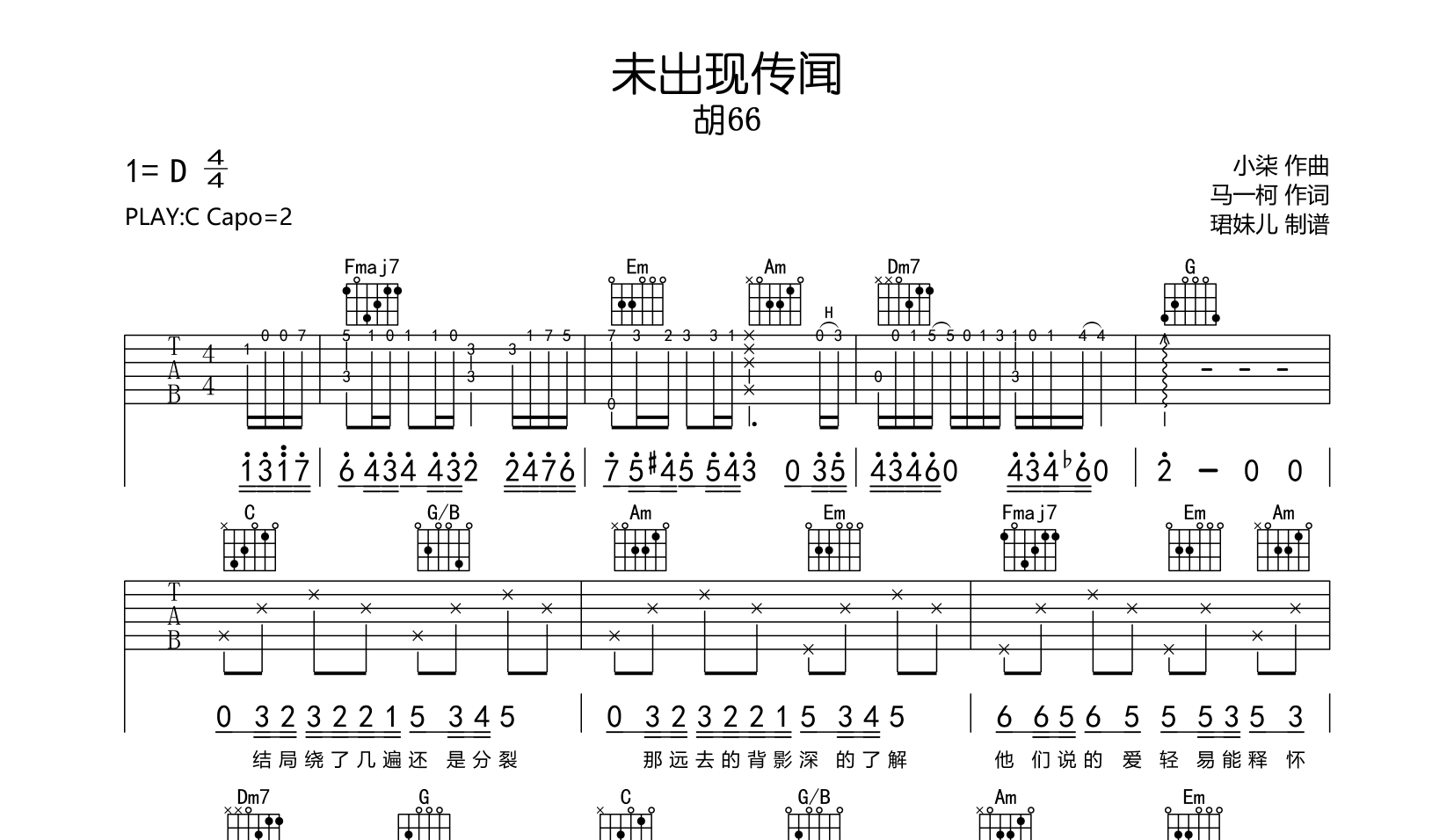 未出现传闻吉他谱-胡66-C调原版六线谱-高清图片谱1