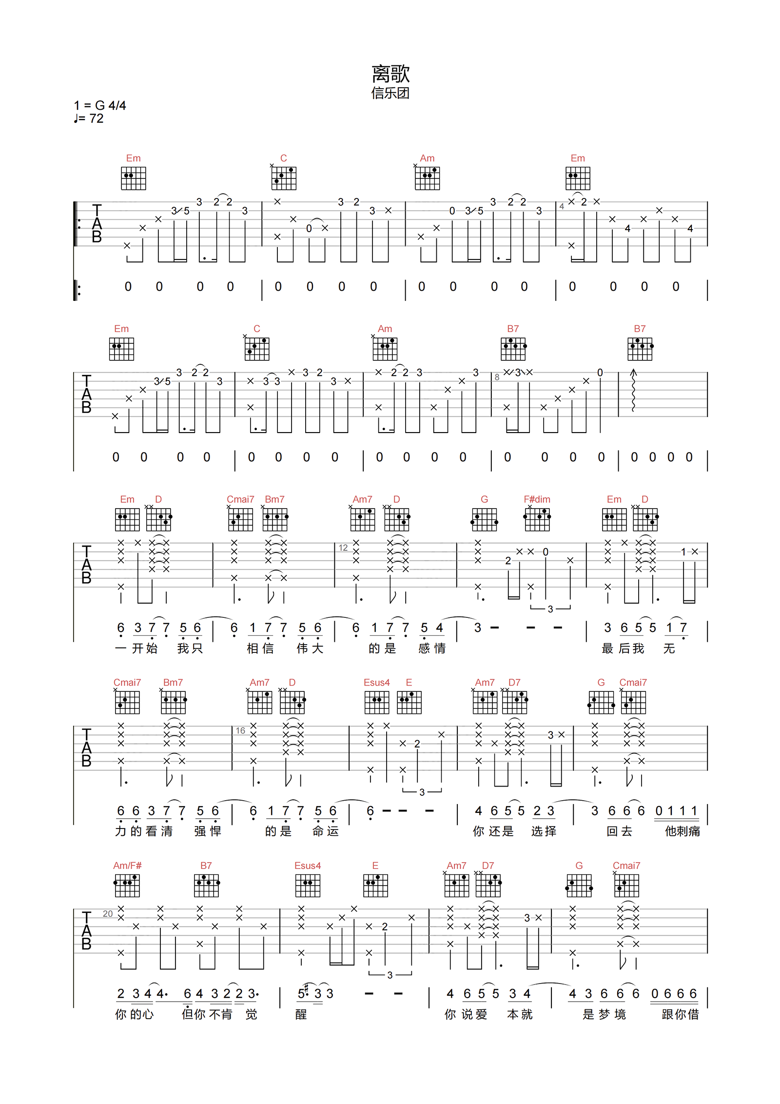 离歌吉他谱-信乐团-G调超原版-附PDF图片谱1