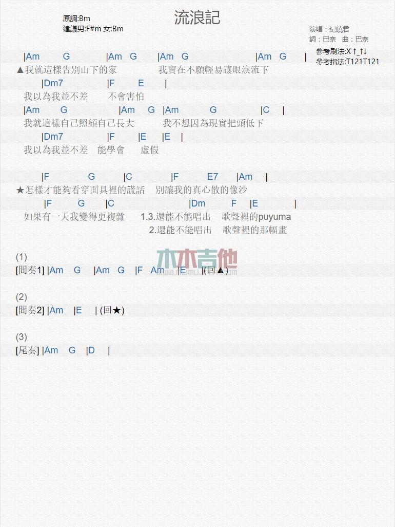 流浪记_吉他谱_纪晓君1