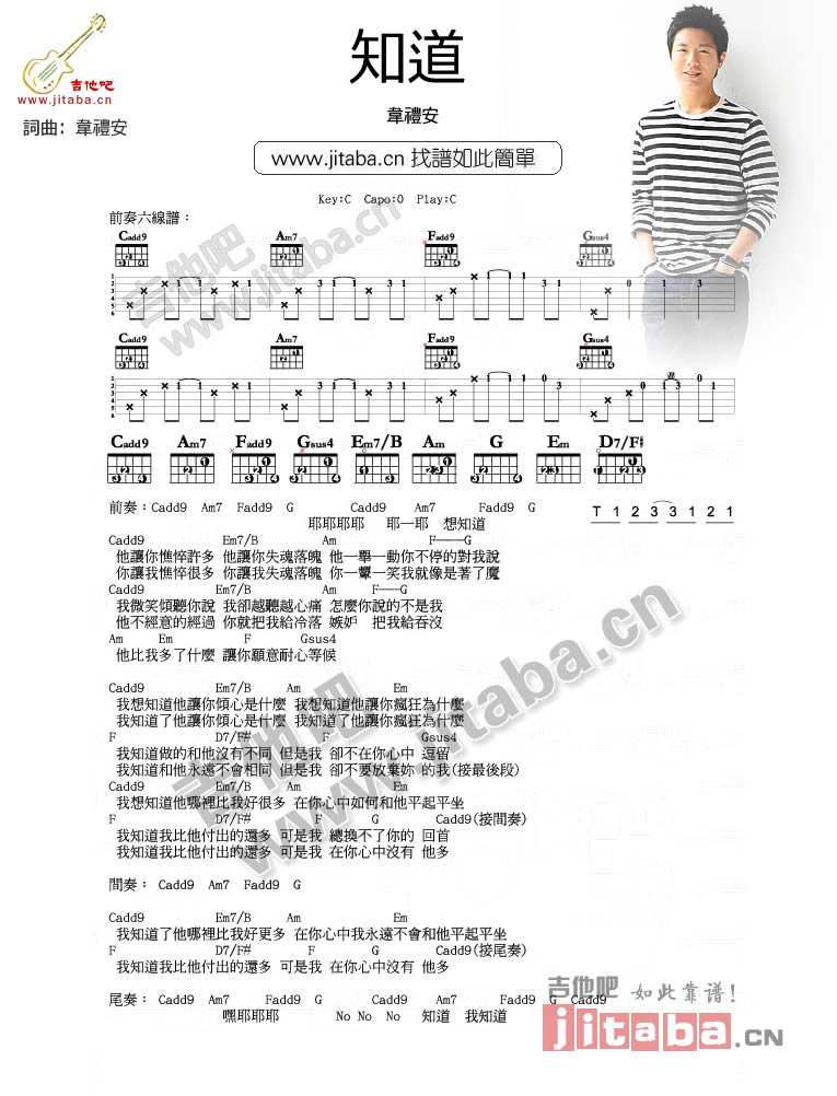 知道吉他谱 C调简单版_吉他吧编配_韦礼安1
