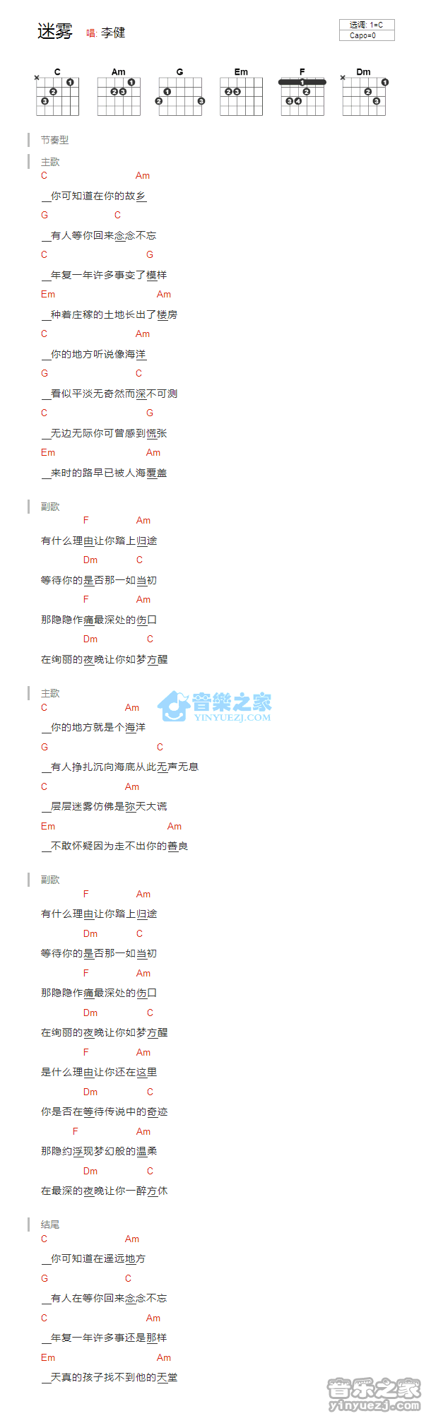 迷雾吉他谱 C调和弦谱_音乐之家编配_李健1