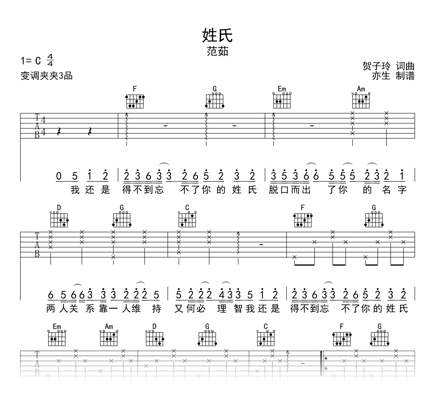姓氏吉他谱_范茹_C调弹唱谱_《姓氏》六线谱1
