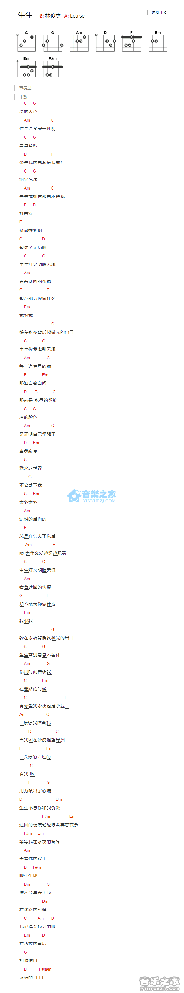 生生吉他谱 C调版 林俊杰1