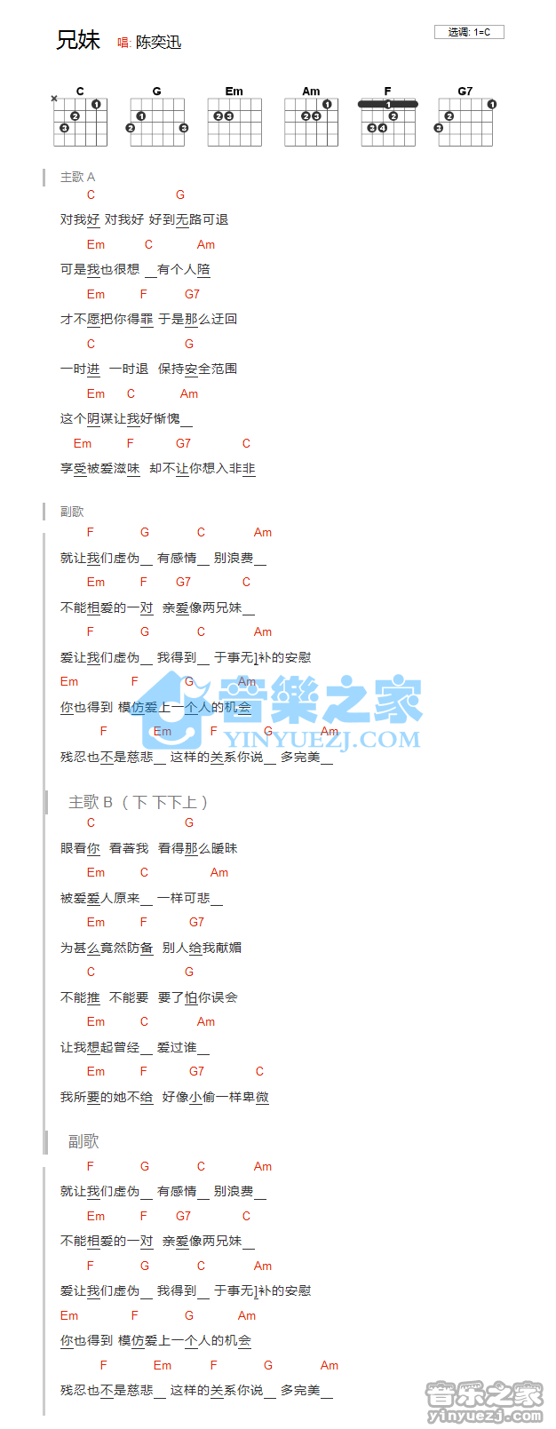 兄妹吉他谱 C调和弦谱-陈奕迅1