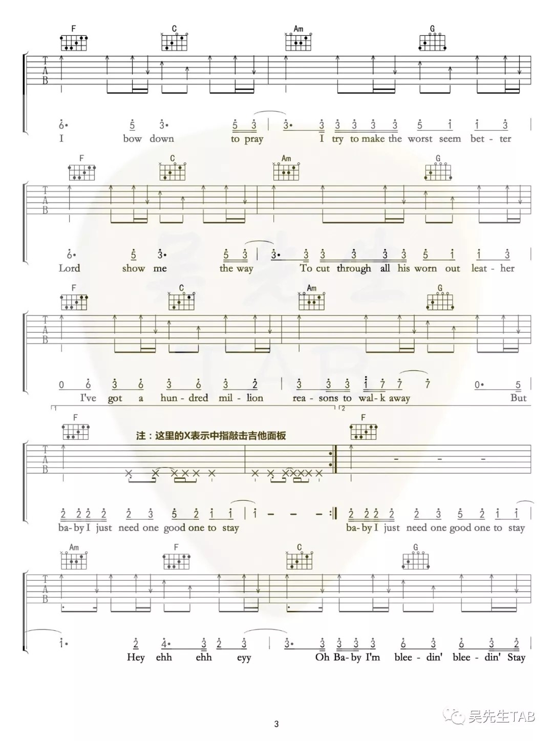 Million Reasons吉他谱 C调扫弦版_吴先生编配_lady gaga3