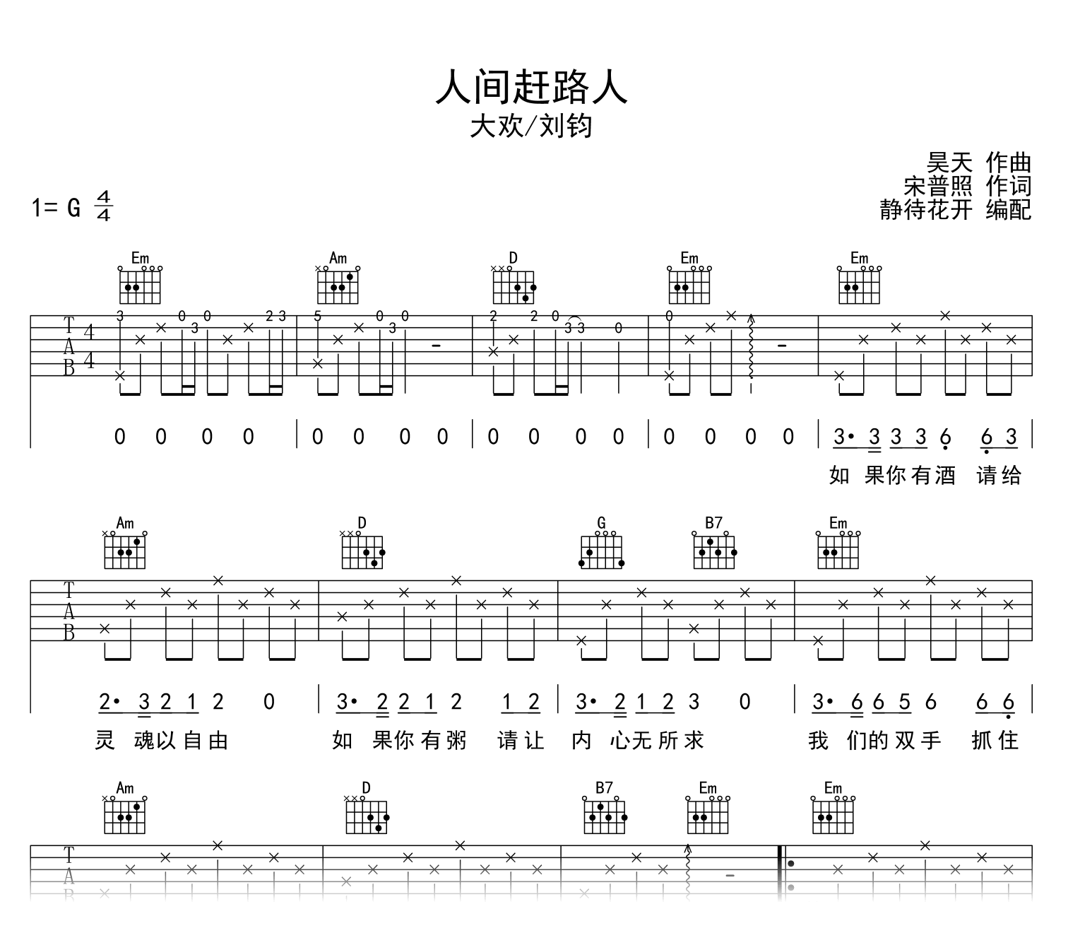 人间赶路人吉他谱_大欢/刘钧_G调弹唱谱_高清完整版1