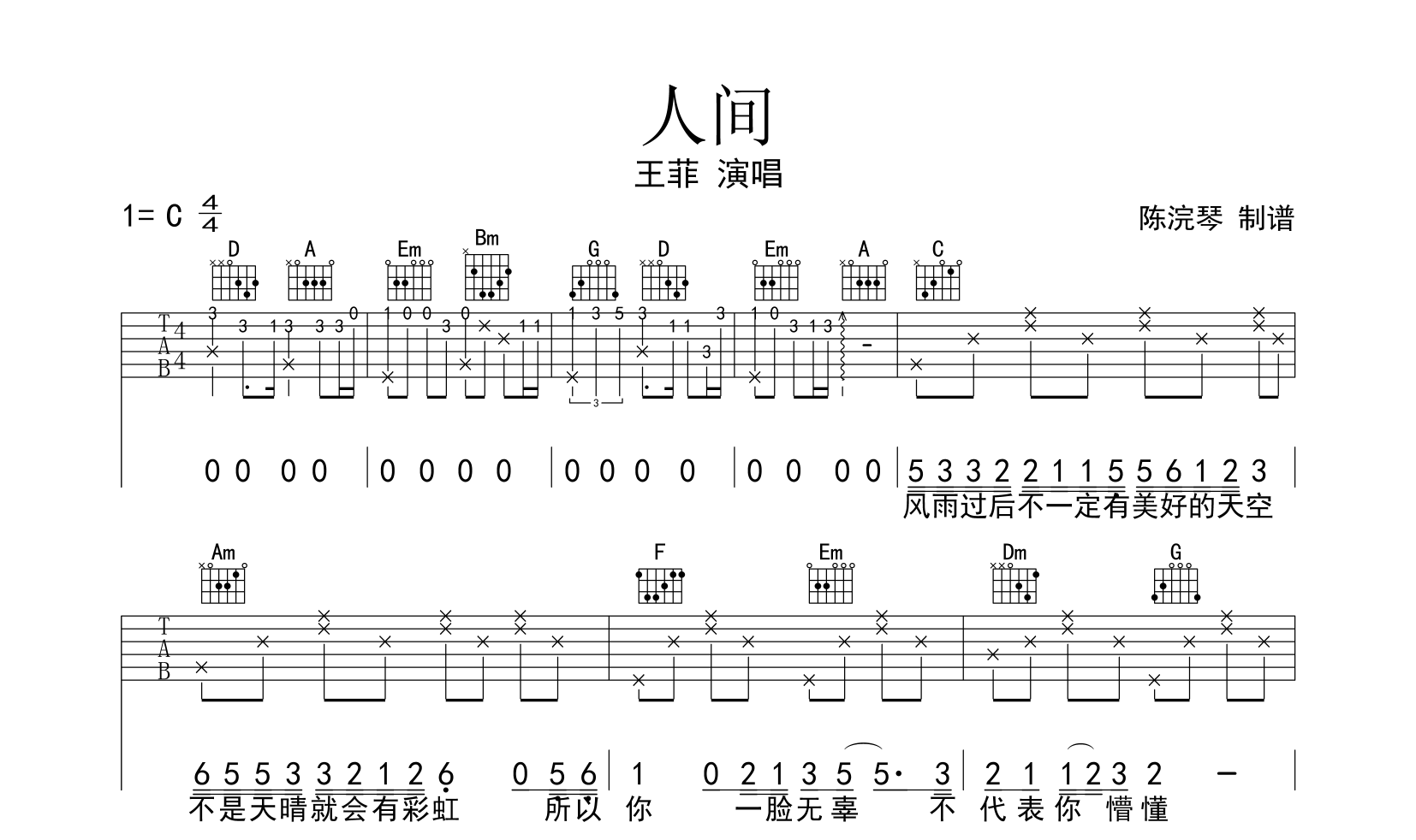人间吉他谱_王菲_《人间》C调原版六线谱1