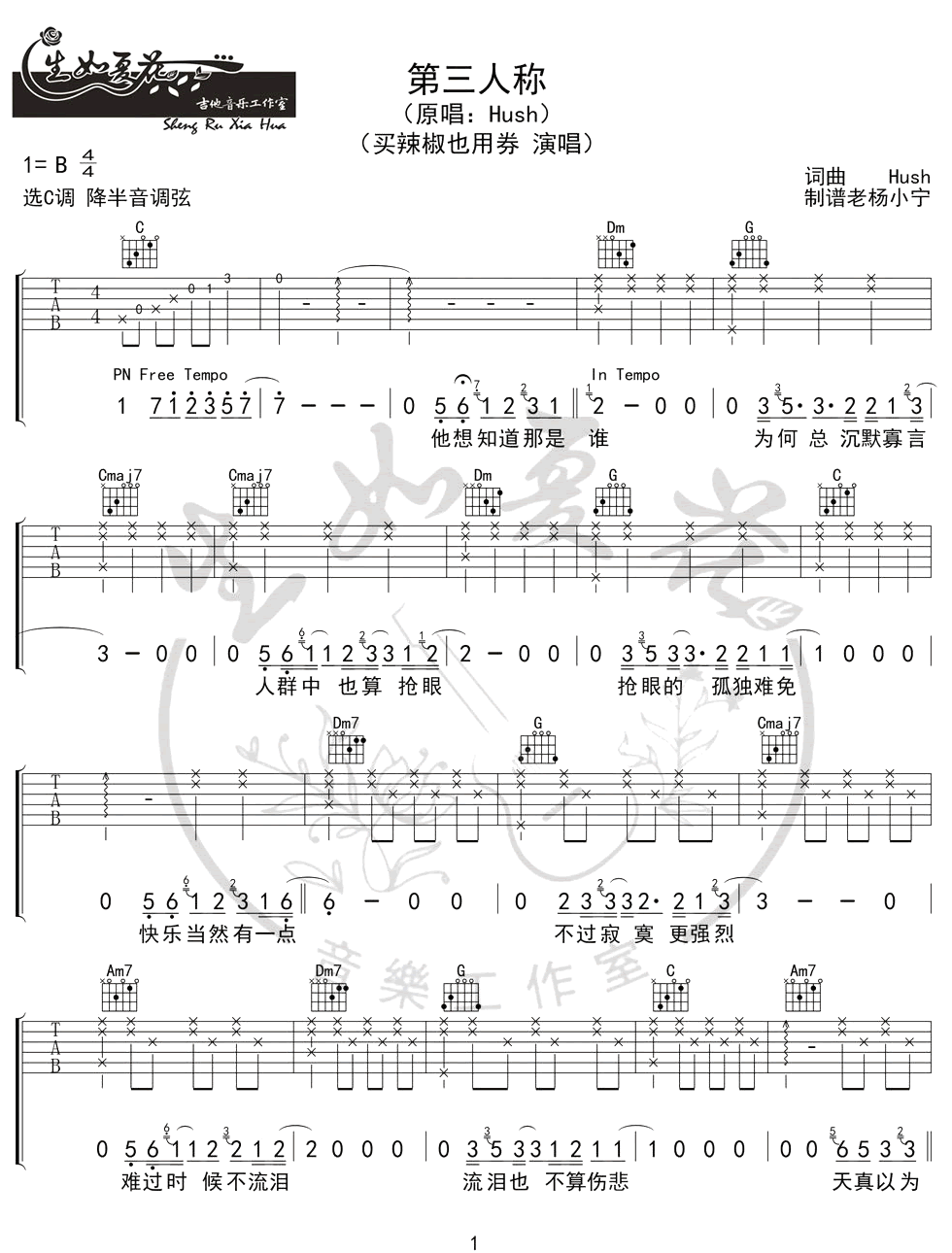 第三人称吉他谱_Hush!_C调简单版_吉他弹唱六线谱1