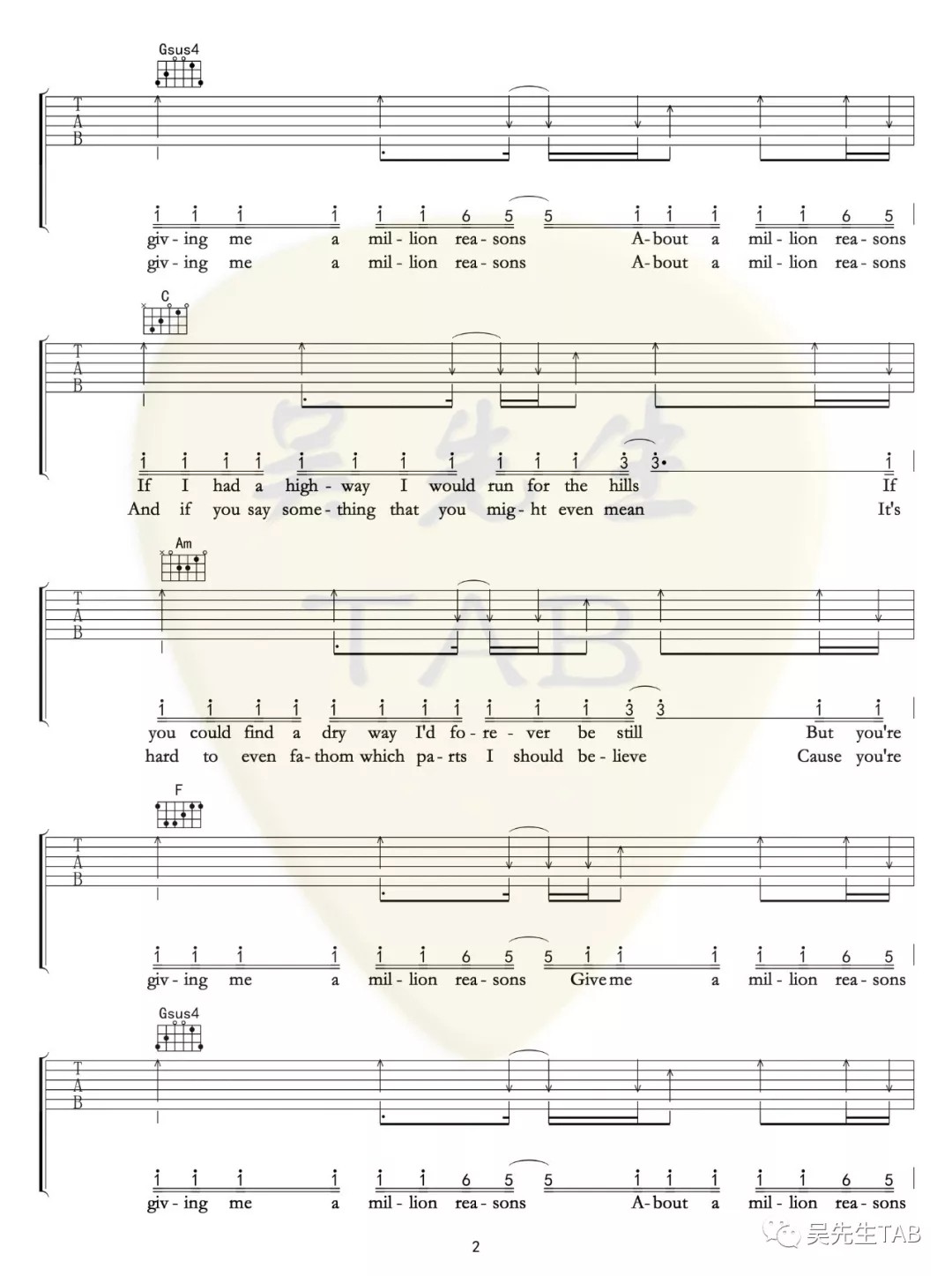 Million Reasons吉他谱 C调扫弦版_吴先生编配_lady gaga2