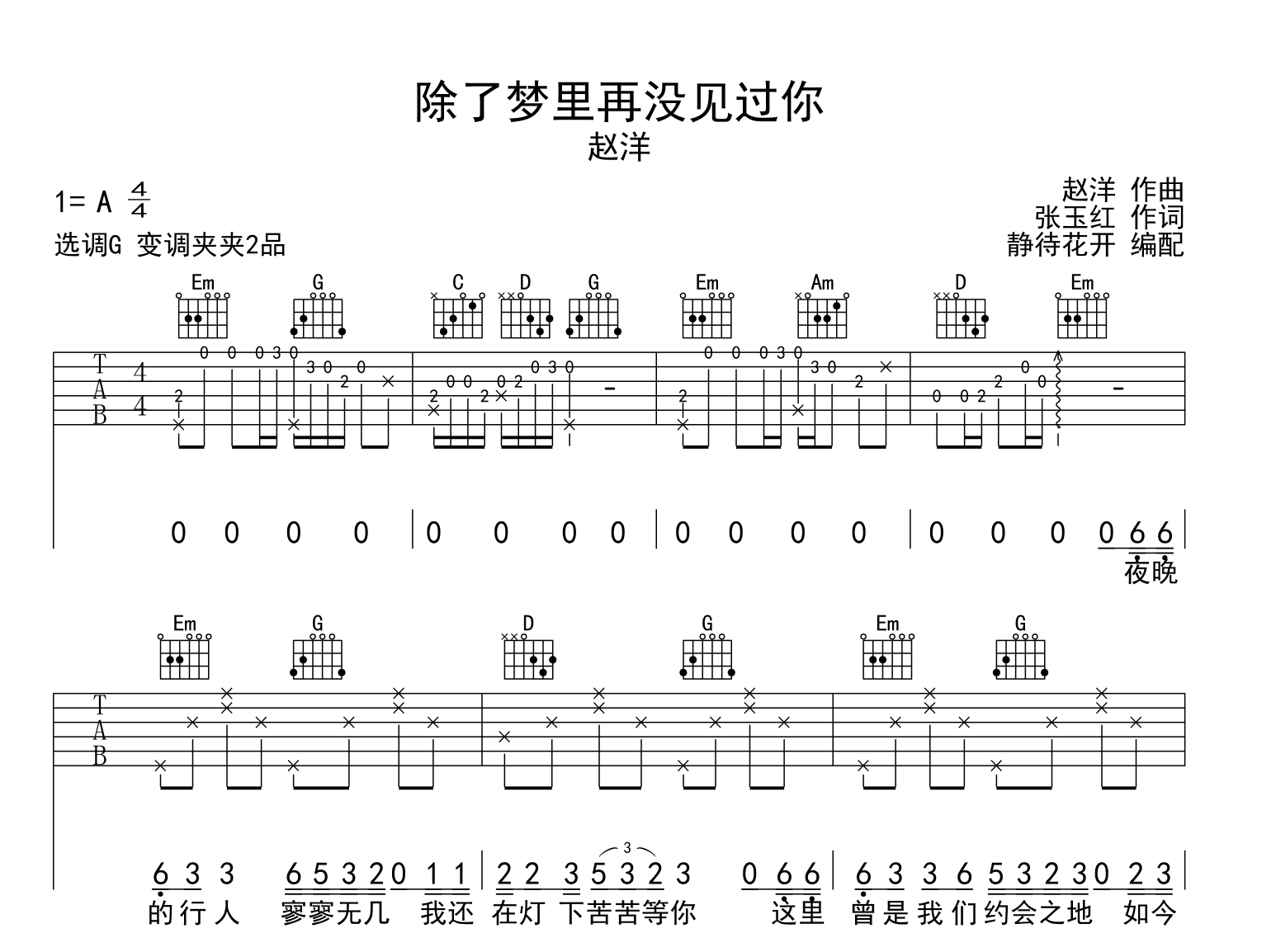 赵洋《除了梦里再没见过你》吉他谱-G调原版弹唱吉他谱1