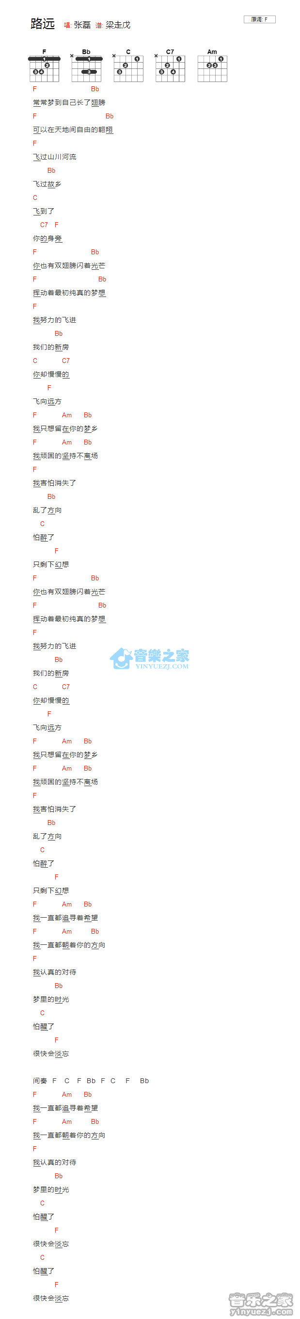 路远_吉他谱_F调版_张磊1