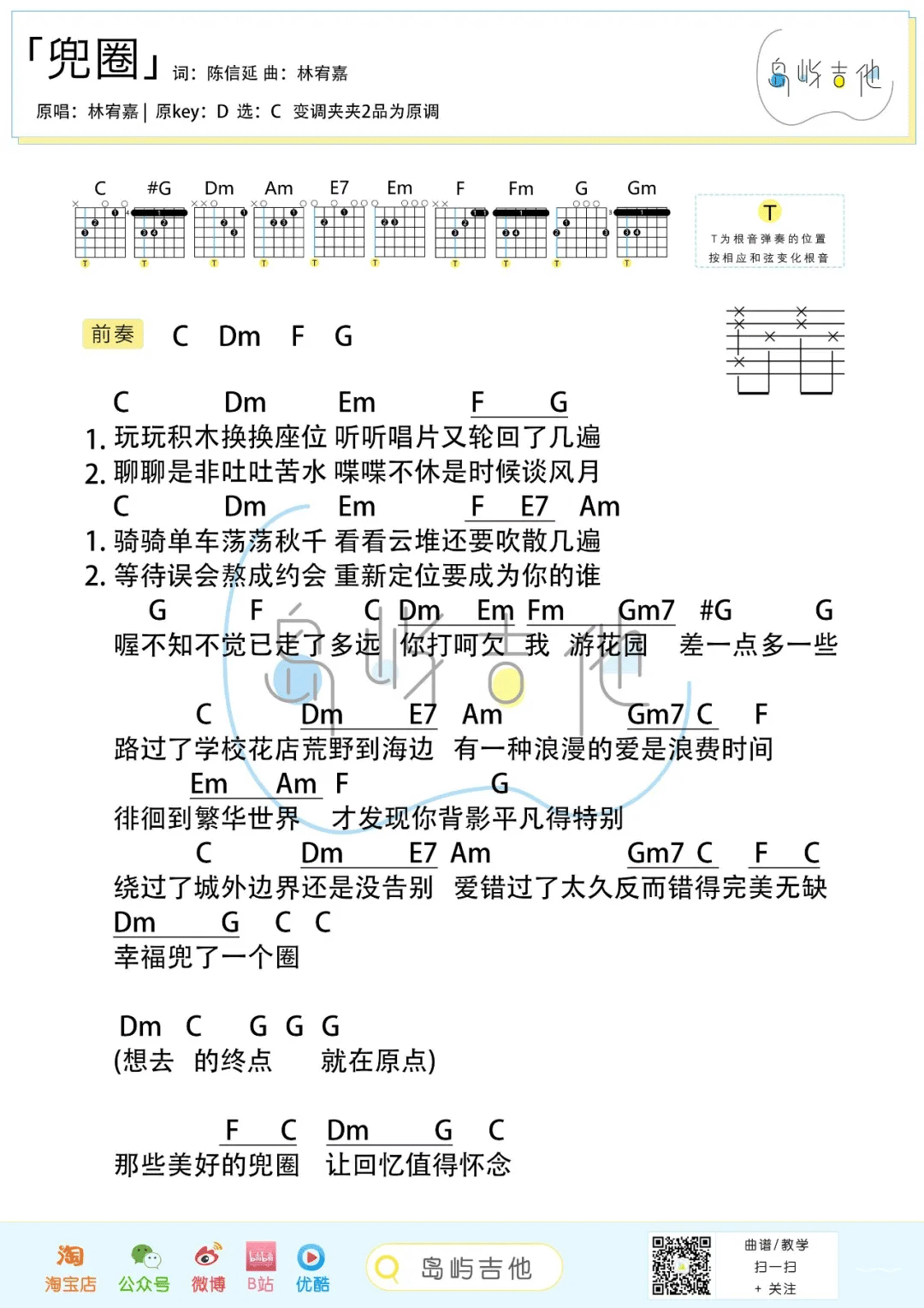《兜圈》吉他谱_林宥嘉_C调简单版吉他谱_弹唱六线谱2