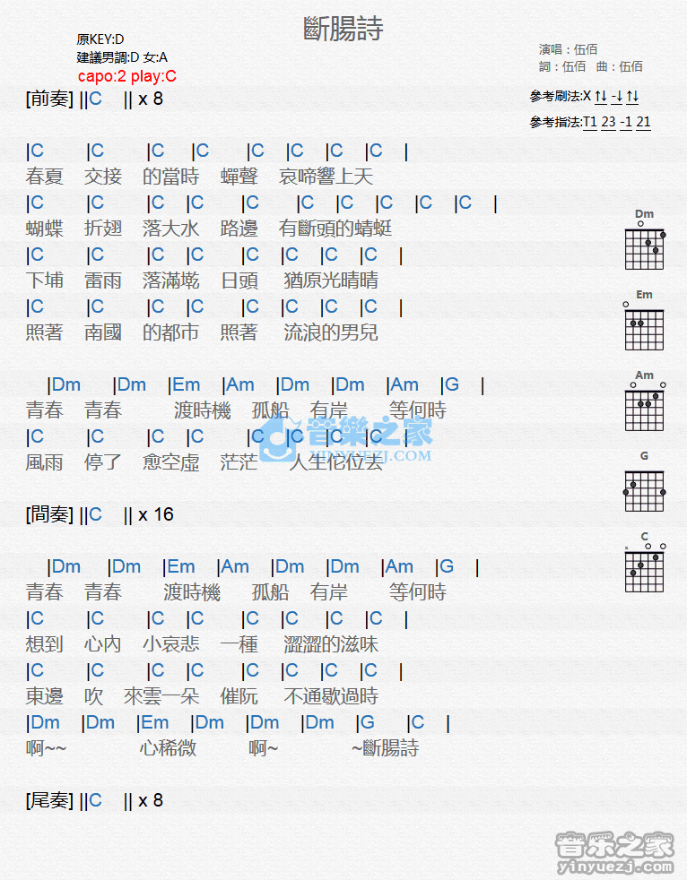 断肠诗吉他谱 C调和弦谱-伍佰1