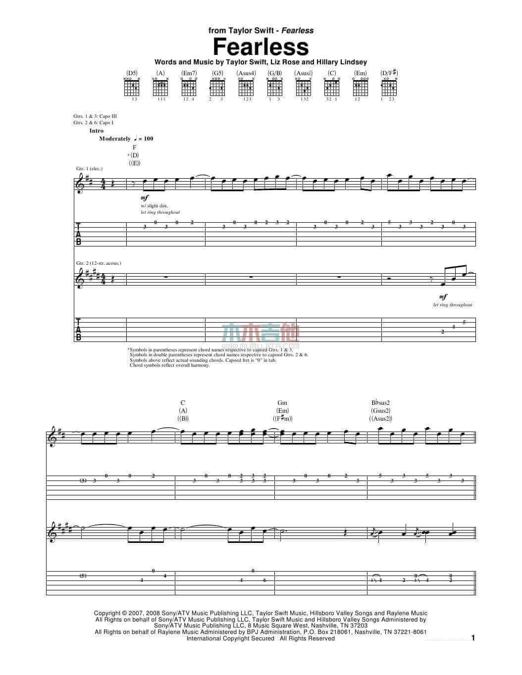 fearless吉他谱 A调女生版-Taylor Swift1