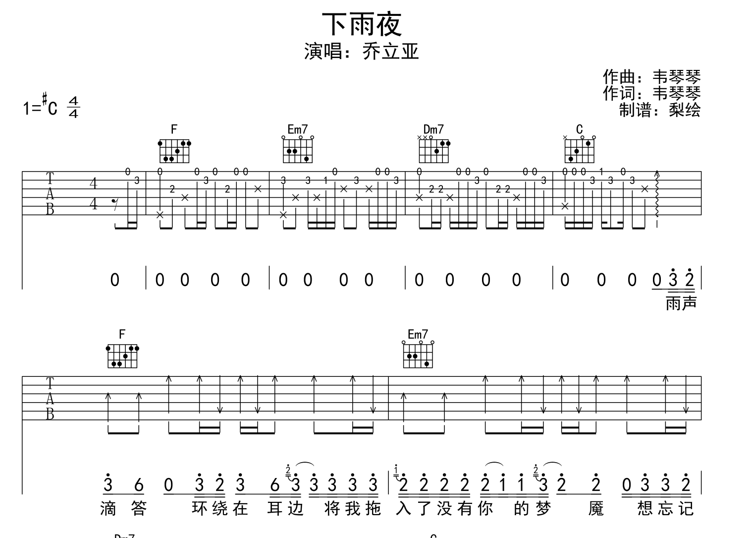 下雨夜吉他谱_乔立亚_《下雨夜》C调吉他弹唱谱1