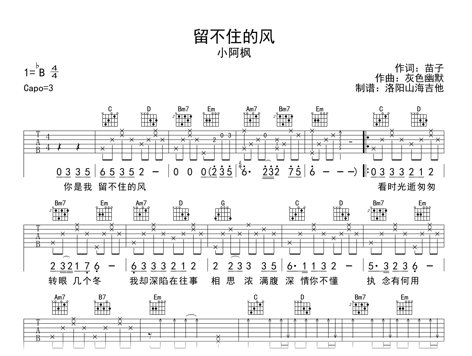 小阿枫《留不住的风》吉他谱_G调弹唱谱_高清图片谱1