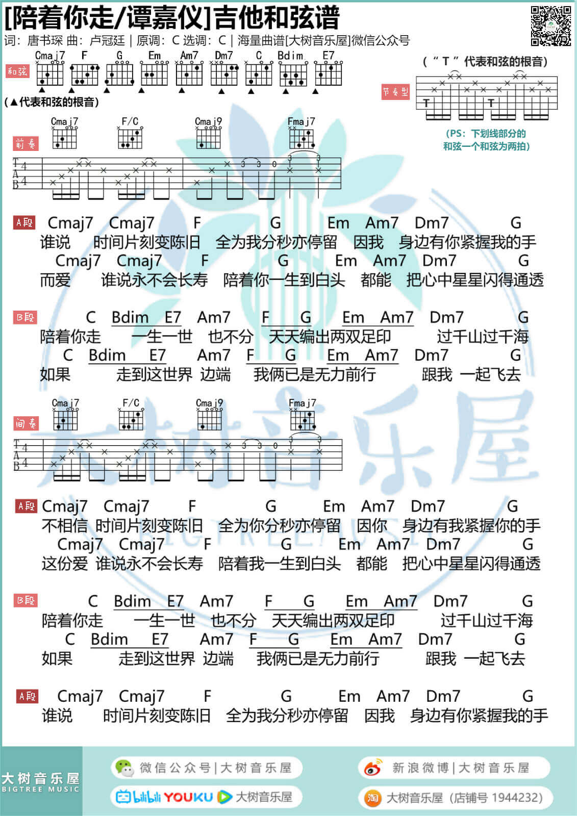 《陪着你走》吉他谱-谭嘉仪-吉他弹唱演示-大树音乐屋1