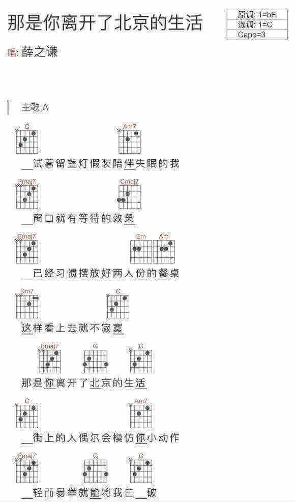薛之谦《那是你离开了北京的生活》吉他谱-指弹谱1