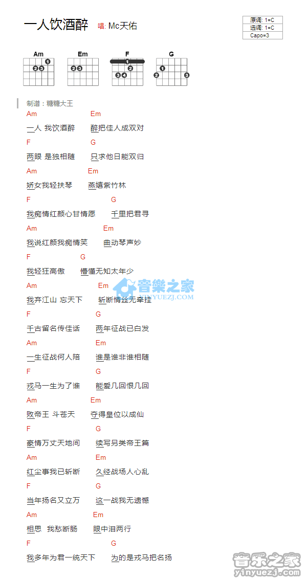 一人我饮酒醉吉他谱 C调和弦谱-Mc天佑1
