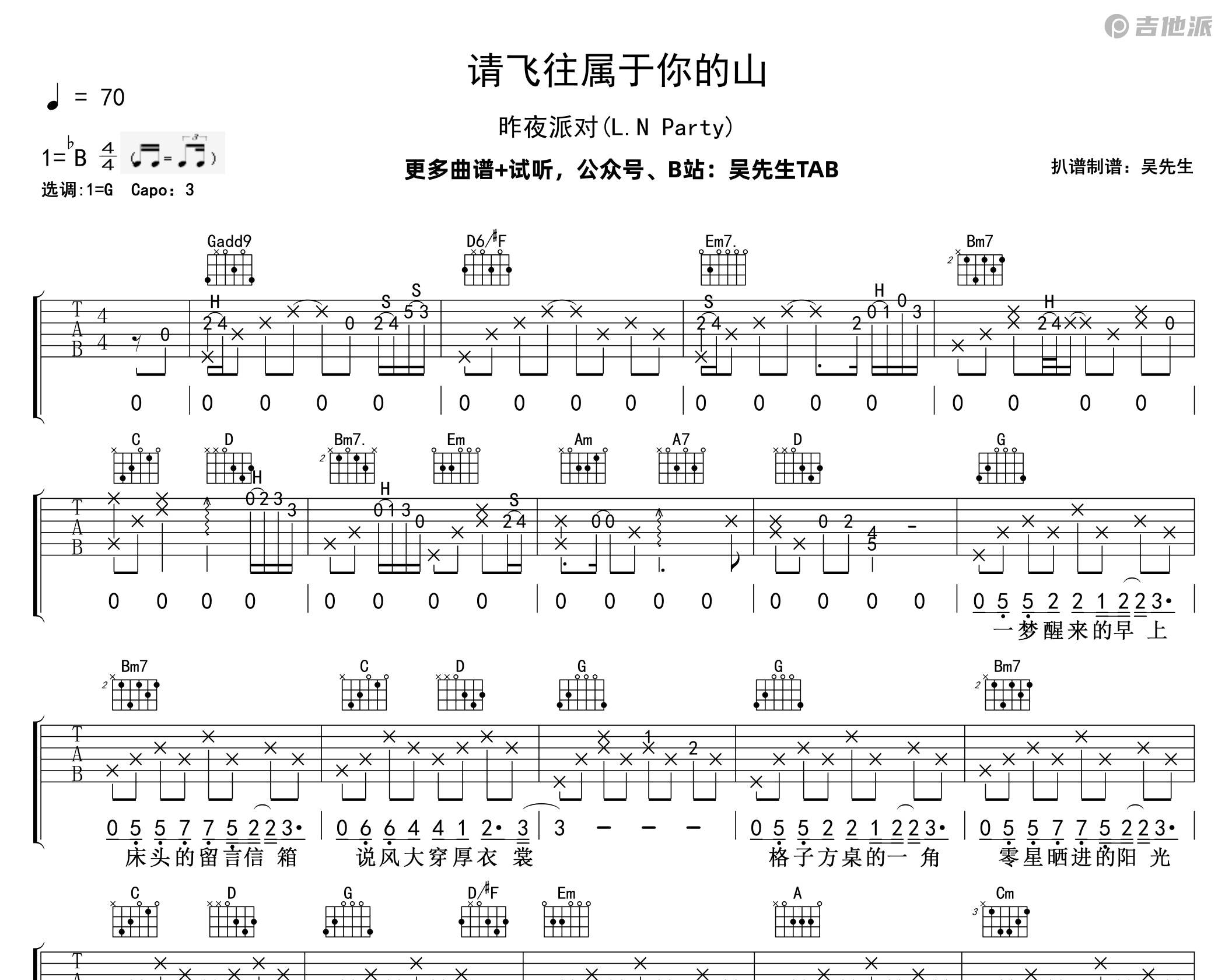 请飞往属于你的山吉他谱_昨夜派对_G调版吉他谱附演示音频1