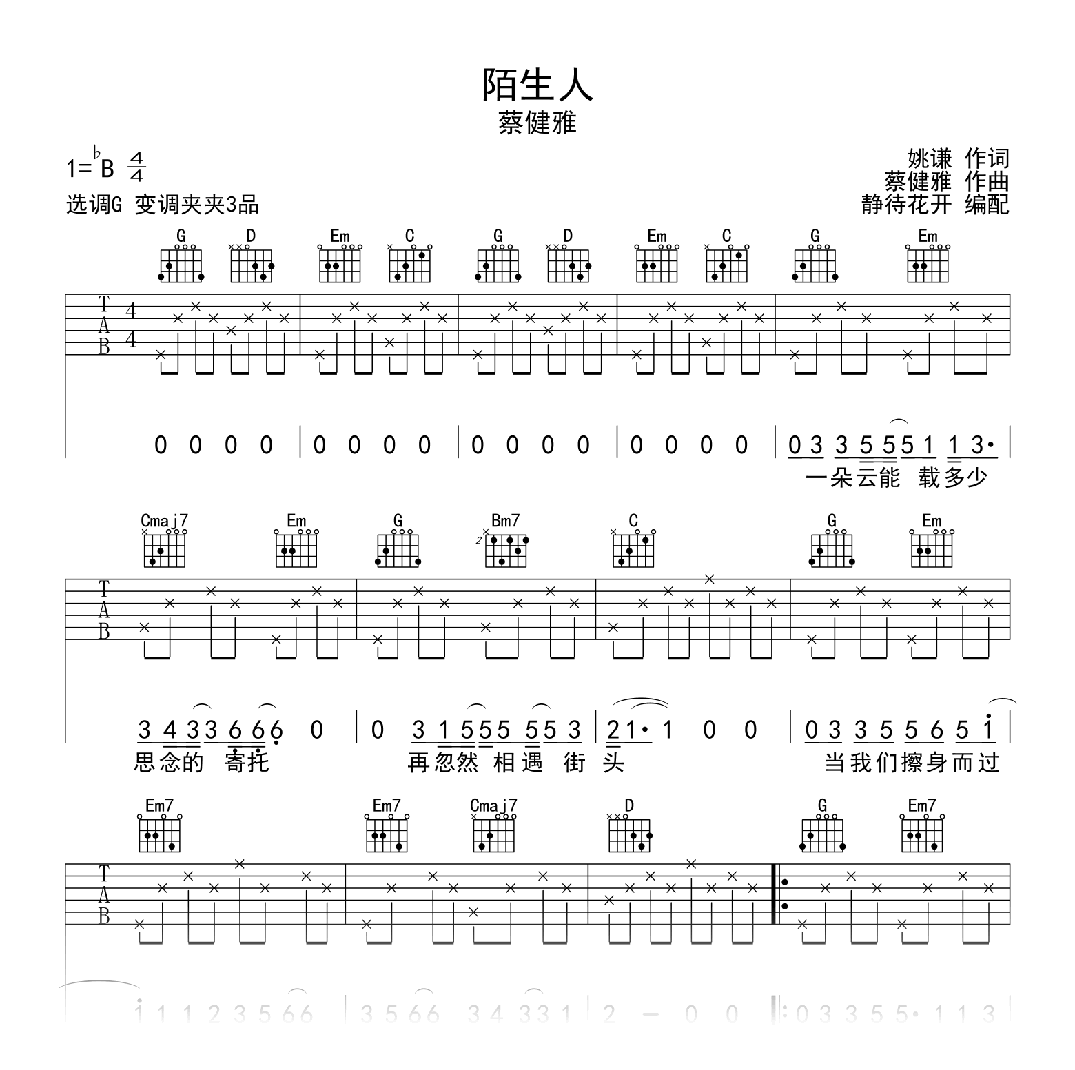 陌生人吉他谱_蔡健雅_G调弹唱谱_高清六线谱1
