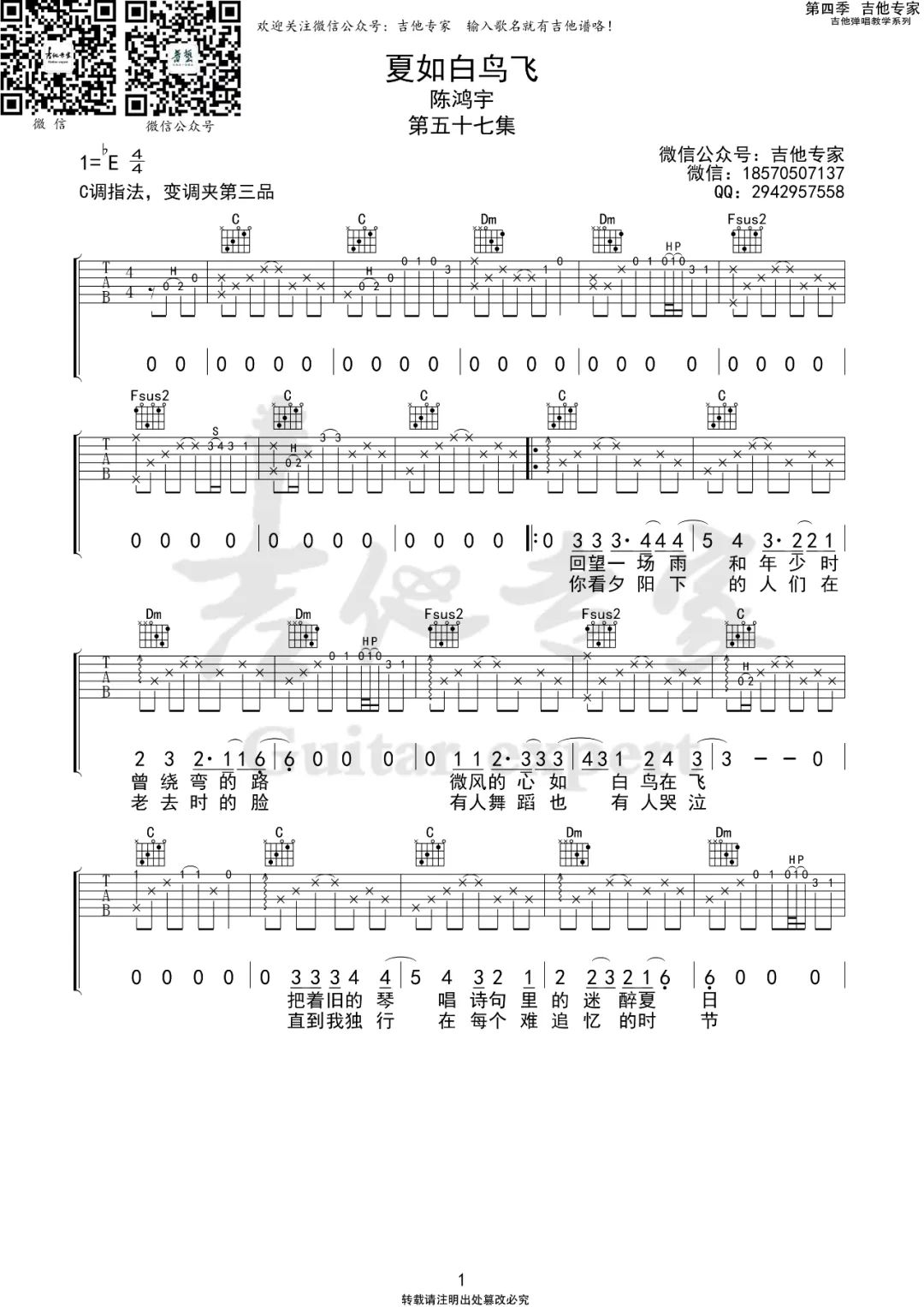 夏如白鸟飞吉他谱_陈鸿宇_C调原版编配_吉他弹唱六线谱1
