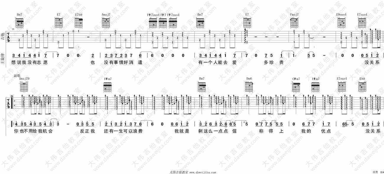 林宥嘉浪费吉他谱、A调六线谱、浪费吉他弹唱教学1