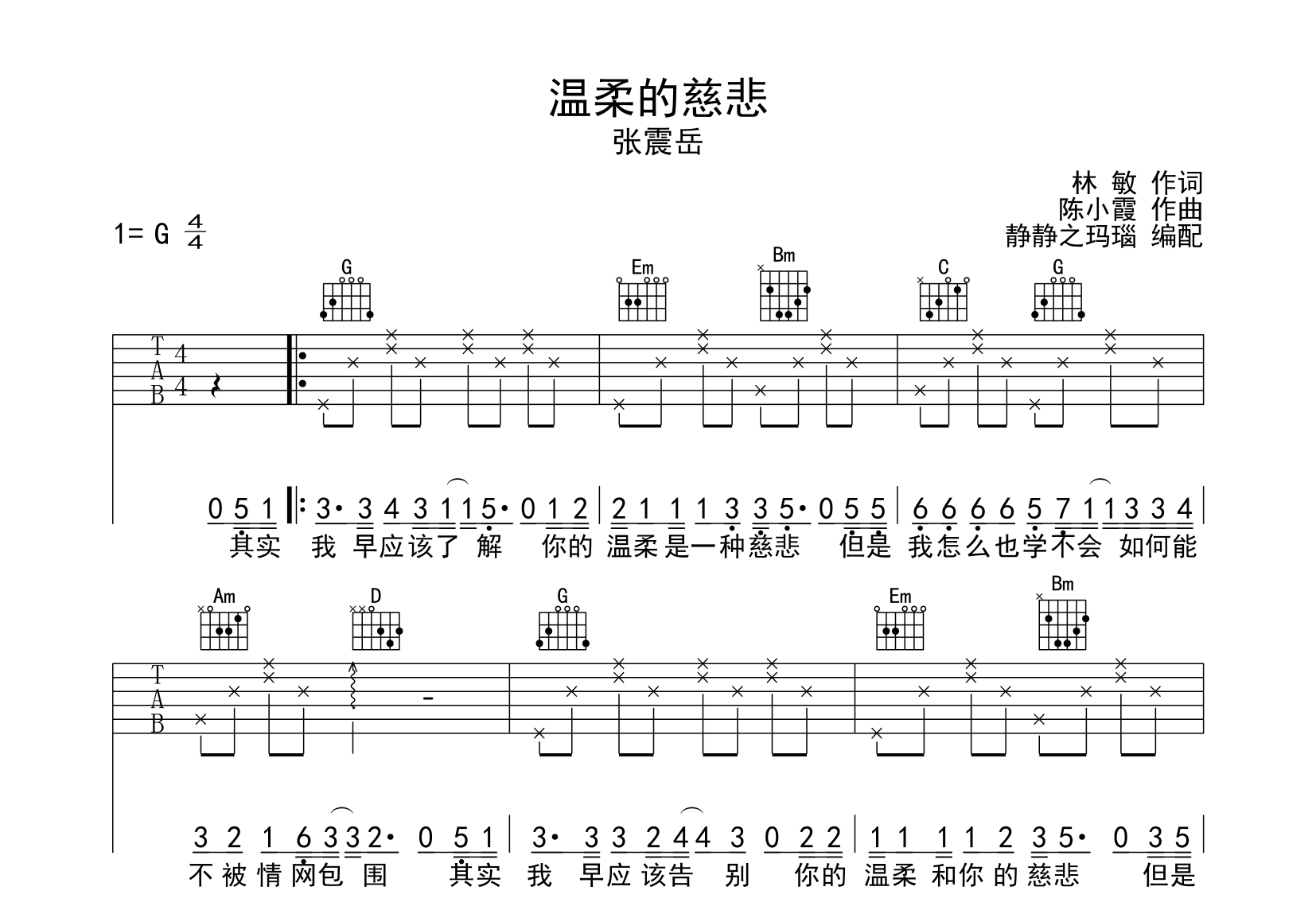 张震岳《温柔的慈悲》吉他谱_G调六线谱_《闪亮的乐队》live版1